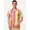 thumbnail image 3 of INSPIRE CHIC Camisas de bloque de color con cierre de botones y mangas cortas con estampado de rayas de verano para hombre Rojo amarillo XL, 3 of 6