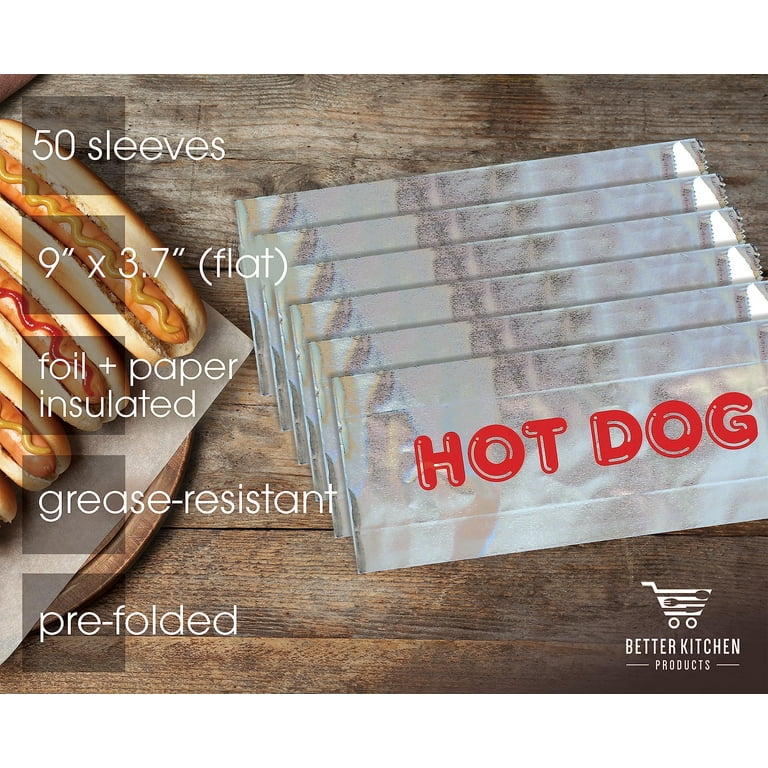 Foil Hot Dog Wrappers, 9 x 3.7, Insulated Grease Resistant Hot Bag  Sleeves, Disposable Foil Paper Hot Dog Bags, by Better Kitchen Products  (100