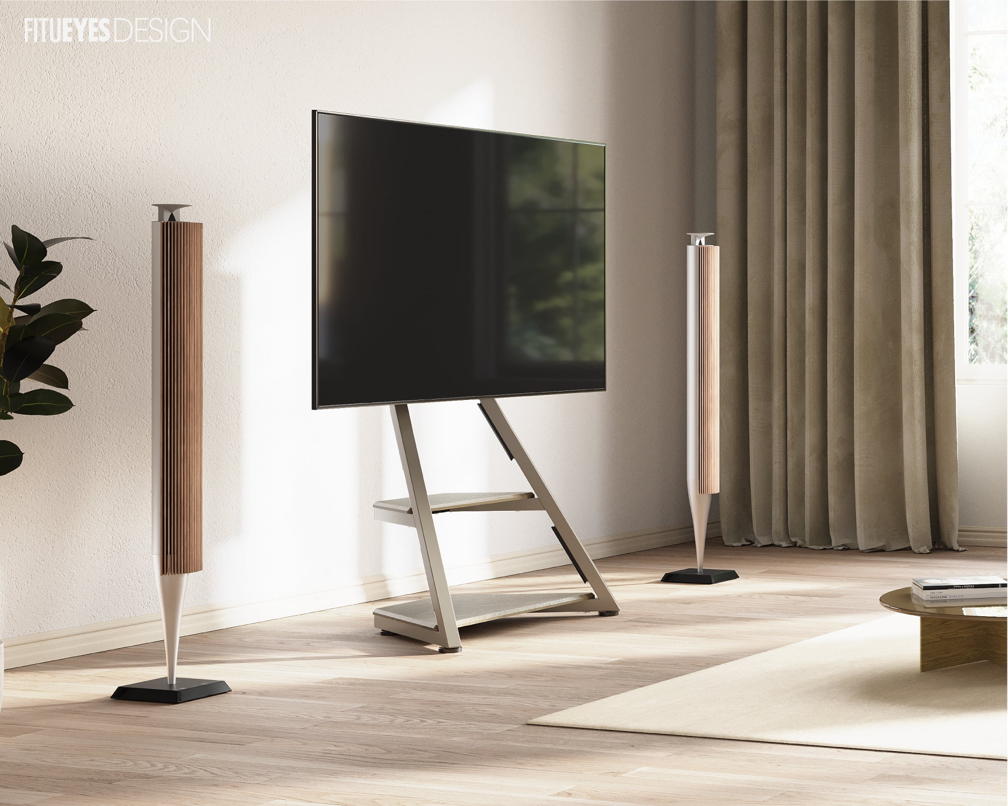 FITUEYES Modern Floor TV Stand Mini Corner Entertainment Center for TVs up to 65”,Khaki