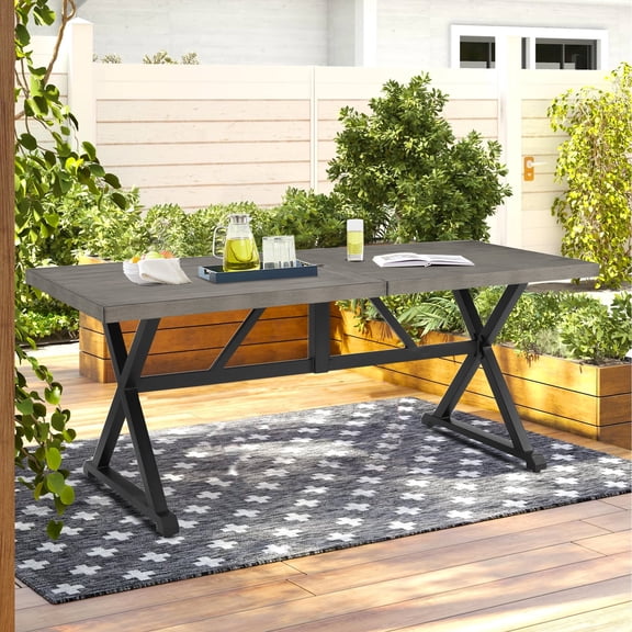 Ulax Furniture 82.5” Outdoor Metal Rectangular Dining Table with 1.69” Umbrella Hole for 6 Person