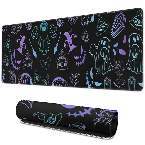 Long Mouse Pads for Desk,Black Halloween Ghost Spider Pattern Desk Mats on Top Of Desks, Desk Mouse Pad Extra Large with 3mm Non-Slip Base and Stitched Edge for Gaming,Office,Work,Home 31.5"x11.8"