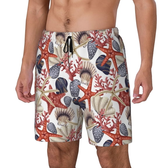 Logiee Starfish Shell Print Men's Swim Trunk,Quick Dry Board Shorts ,Men's Swim Trunks with Compression Liner, Bathing Suits with Pockets-Small