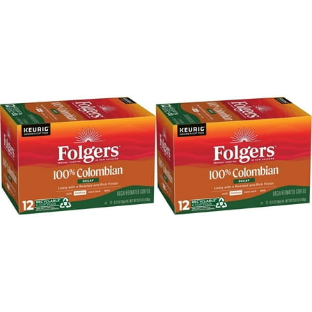 Folgers 100 Colombian Decaf Medium Roast Coffee Keurig Kcup Pods, Lively Columbian, 12 Count (Pack Of 2).