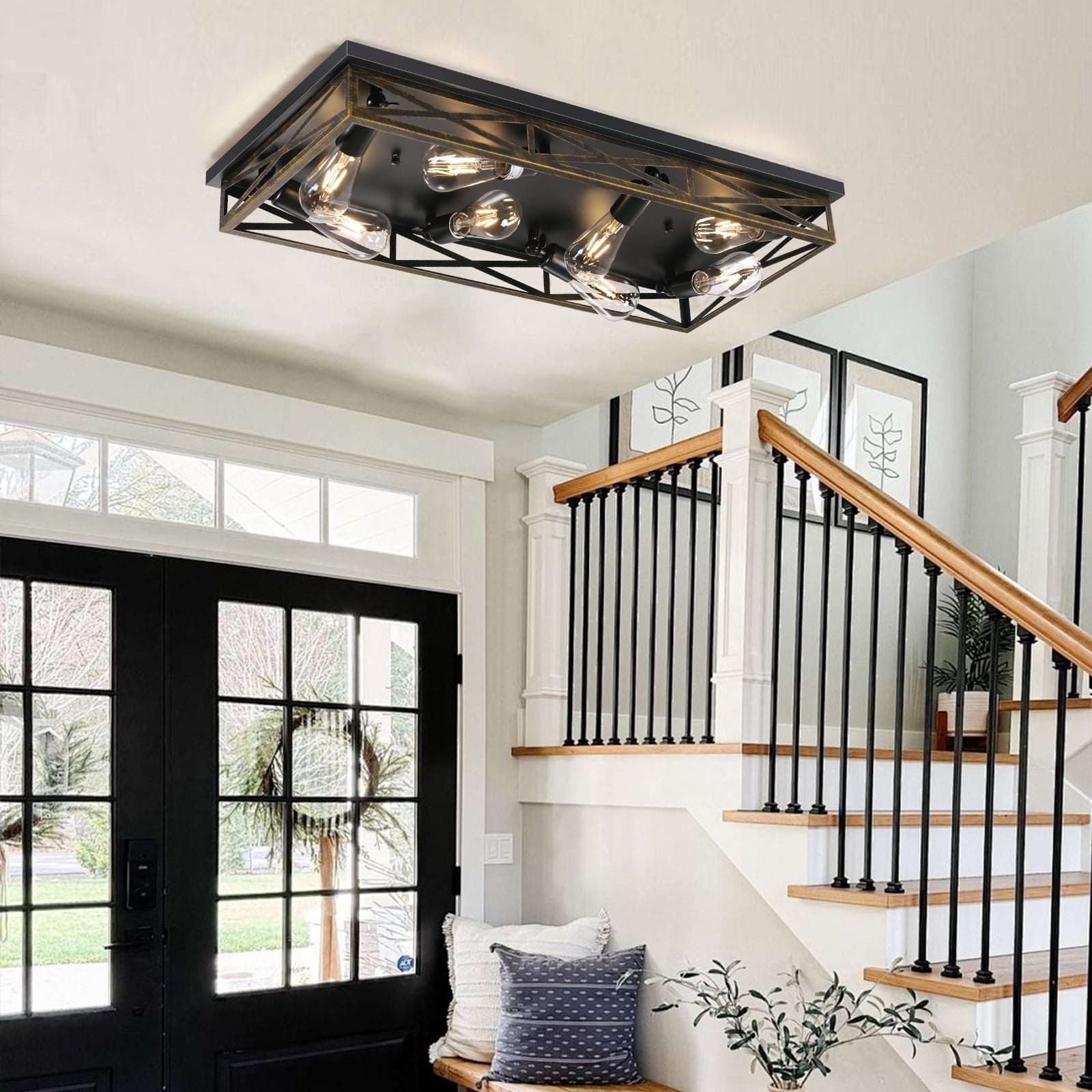 Farmhouse Rustic Ceiling Light for Kitchen, 8-Light Hallway Flush Mount Light Fixtures Ceiling Mount,31.49" Industrial Metal Cage Ceiling Light for Farmhouse,Kitchen,Hallway E26 Base(1 Pack)