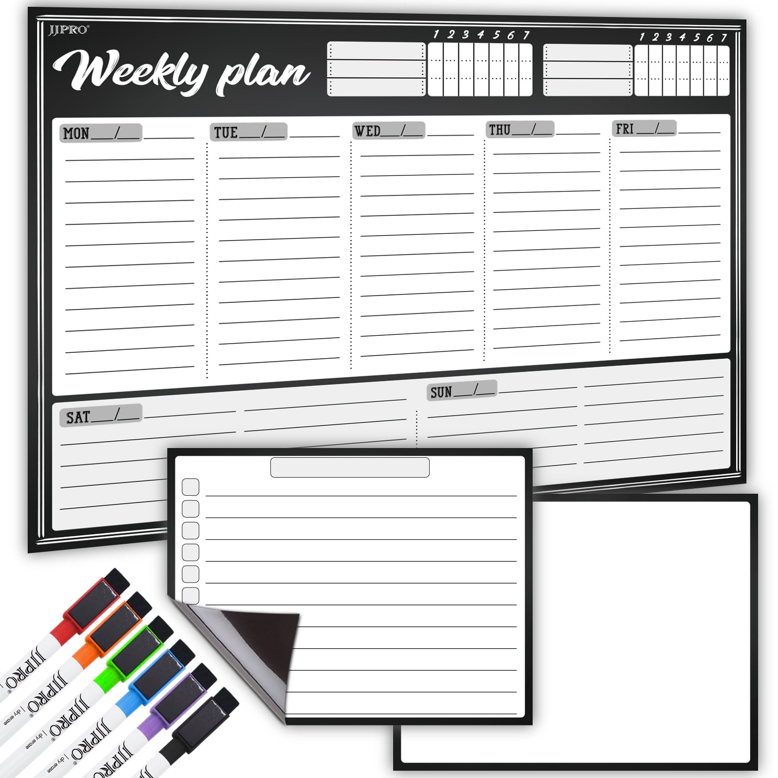 Two Bonus Dry Erase Notes/to Do/Grocery Whiteboards and 6 Magnetic Extra Fine Tips Dry Erase Markers Included! One Reusable Weekly Planner Magnetic Dry Erase Weekly Planner for Fridge Set 