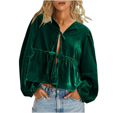 GA WEIHUA Women s Velvet Shirts Tie Front Long Sleeve Jackets V Neck Ruffle Hem Peplum T Shirts Loose Fit Cute Open Front Tops Relaxed Solid Babydoll Blouses(Green M