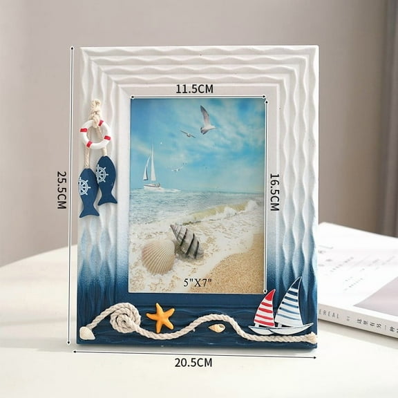 Sinkoo Handmade Wood Picture Frames, 5" x 7" Seashell Photo Frame,Unique Nautical Beach Themed Home decor, Sailboat, Starfish, Life Buoy, Beach Photo Frame Tabletop or Wall Hanging Display Frame