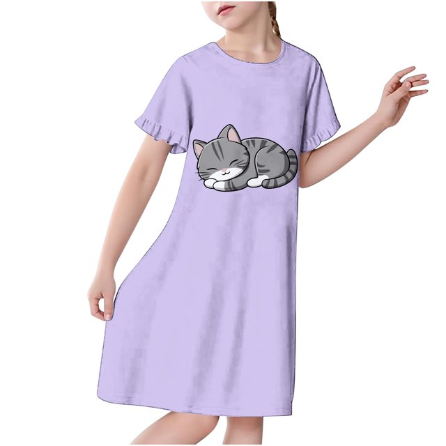 RXIRUCGD 2025 Vêtements d'Été pour Enfants 3-12 Ans Mode Imprimée Pyjama Rêveur Mi-Mollet Chemise de Nuit
