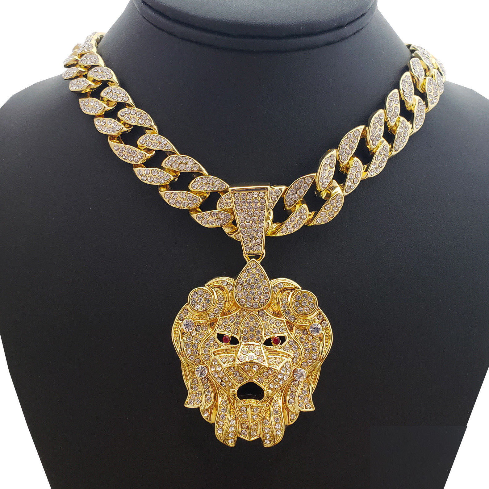 18k Gold Plated Hip Hop Jewelry Stainless Steel Iced Out Lion Head Pendant Necklace for Men,24 Chain Necklace Punk Jewelry