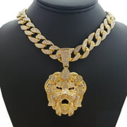 Hip Hop Icy Bling Stoned 14K Gold Tone Plated Lion Head Pendant & 30" Full Iced Cuban Choker Chain Necklace Set