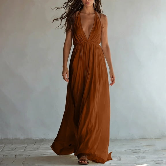Dolkfu Summer&Fall dresses for Women Sleeveless Brown Minimalist V-Neck Maxi Faux-Wrap Dresses Solid Cotton Blend Flowy Brown,L