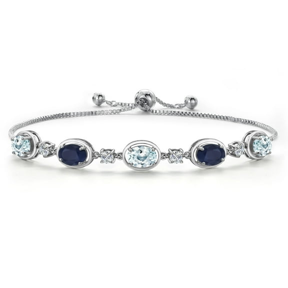 Gem Stone King 925 Sterling Silver Sky Blue Aquamarine and Blue Sapphire and Moissanite Tennis Bracelet for Women | 4.25 Cttw | Gemstone March Birthstone | Oval 7X5MM | Fully Adjustable 10 inch
