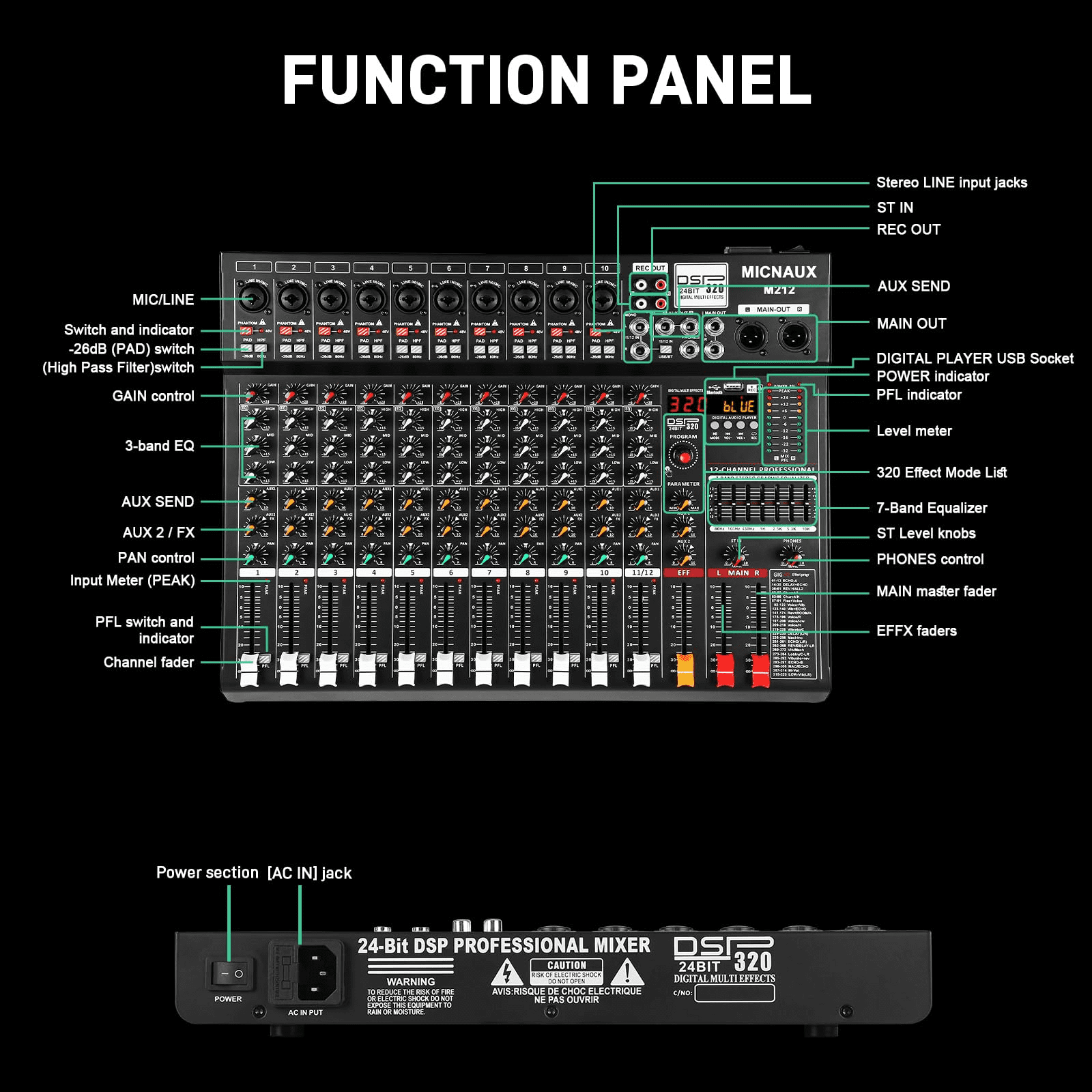 Audio Mixer 12 Channel Professional Sound Console Music Mixer with 320 DSP Effects, 7-band EQ DJ Mixing Board w/USB, Bluetooth, 48V Power Supply, PAD Button for Recording Karaoke PA Drum Live