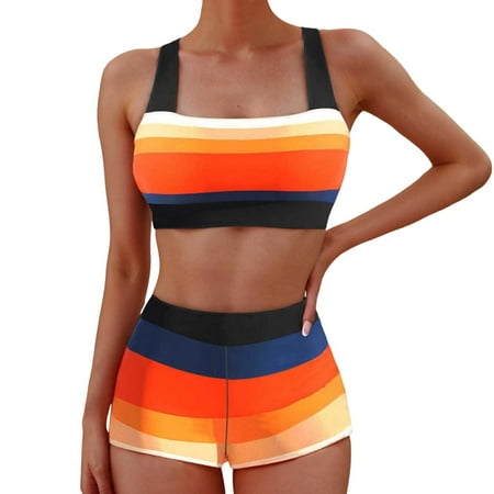 High Waisted Bikini Sets For Women Two Piece Swimsuit Crop Top Swim Skirt Summer Beach Bathing Suit For Women Swimwear Orange M