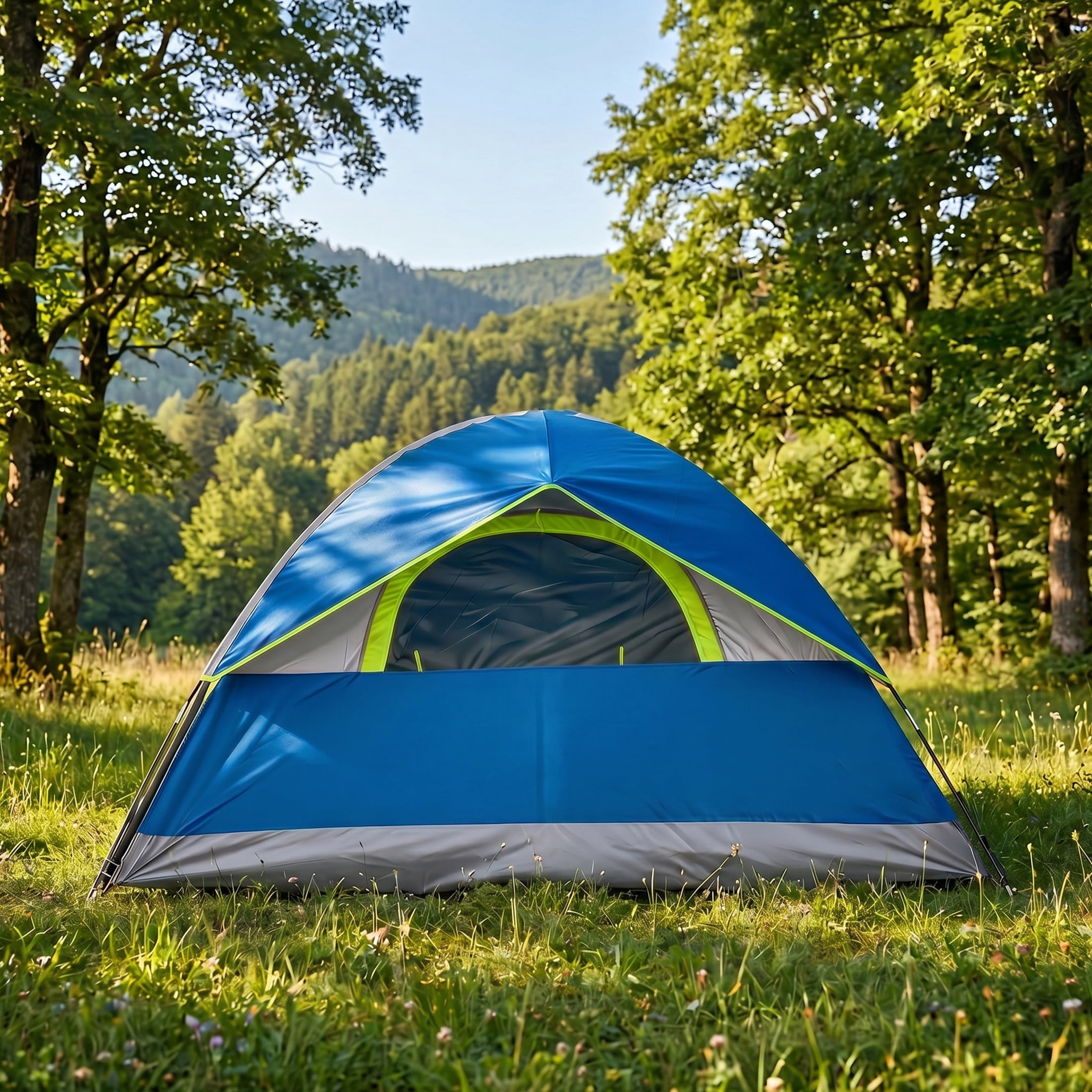 JIOABL 2 Person Dome Camping Tent with Rainfly, Waterproof Polyester, Ventilated Windows and Skylights, Easy Setup, Portable, Navy Blue