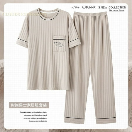 

QWZNDZGR L-5XL Summer Elegant Pyjamas Knited Cotton Men s Pajamas Sets Long Pants Sleepwear Pyjamas Night Pijamas Plus Size Homewear PJ