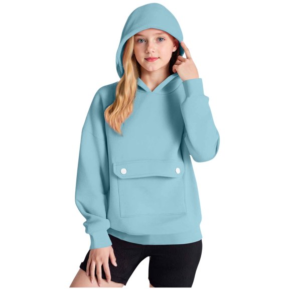 XEGLSBU Girls Hoodies Solid Color Long Sleeve Hooded Sweatshirt with Pocket and Button Closure for Kids Fall Winter Casual Wear Blue Size 14-15 Years