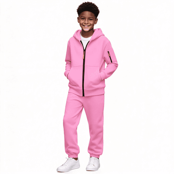 Amidoa Boys 2 Piece Tracksuit Athletic Sweatsuits Sets Fleece Zip-Up Hooded Sweatshirt and Jogger Sweatpants Kids Clothing Sets Pink Size 4T
