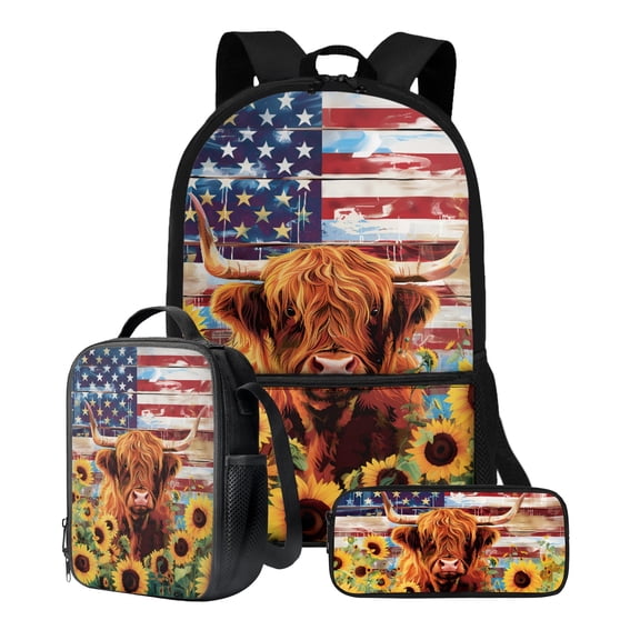 ZUXONGSY Highland Cattle American Flag Sunflower Print Backpack Set for Girls Boys 3 In 1 School Bookbag Set Travel Rucksack Insulated Lunch Bag Pencil Case, Lightweight Bookbag Satchel