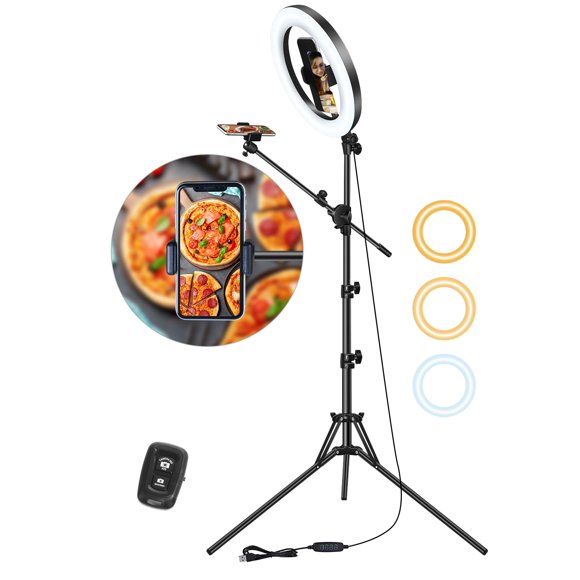 LUXSURE Anneau Lumineux avec Support pour Téléphone, Trépied Anneau Lumineux pour iPhone avec Lumière, Support de Caméra Suspendu 10,5 Pouces avec Télécommande, Trépied de Téléphone avec Lumière pour Vidéo