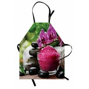 Spa Apron Black Zen Stone Triplets with Asian Originated Orchids and Fuchsia Salt, Unisex Kitchen Bib Apron with Adjustable Neck for Cooking Baking Gardening, Fuchsia Black and Green, by Ambesonne