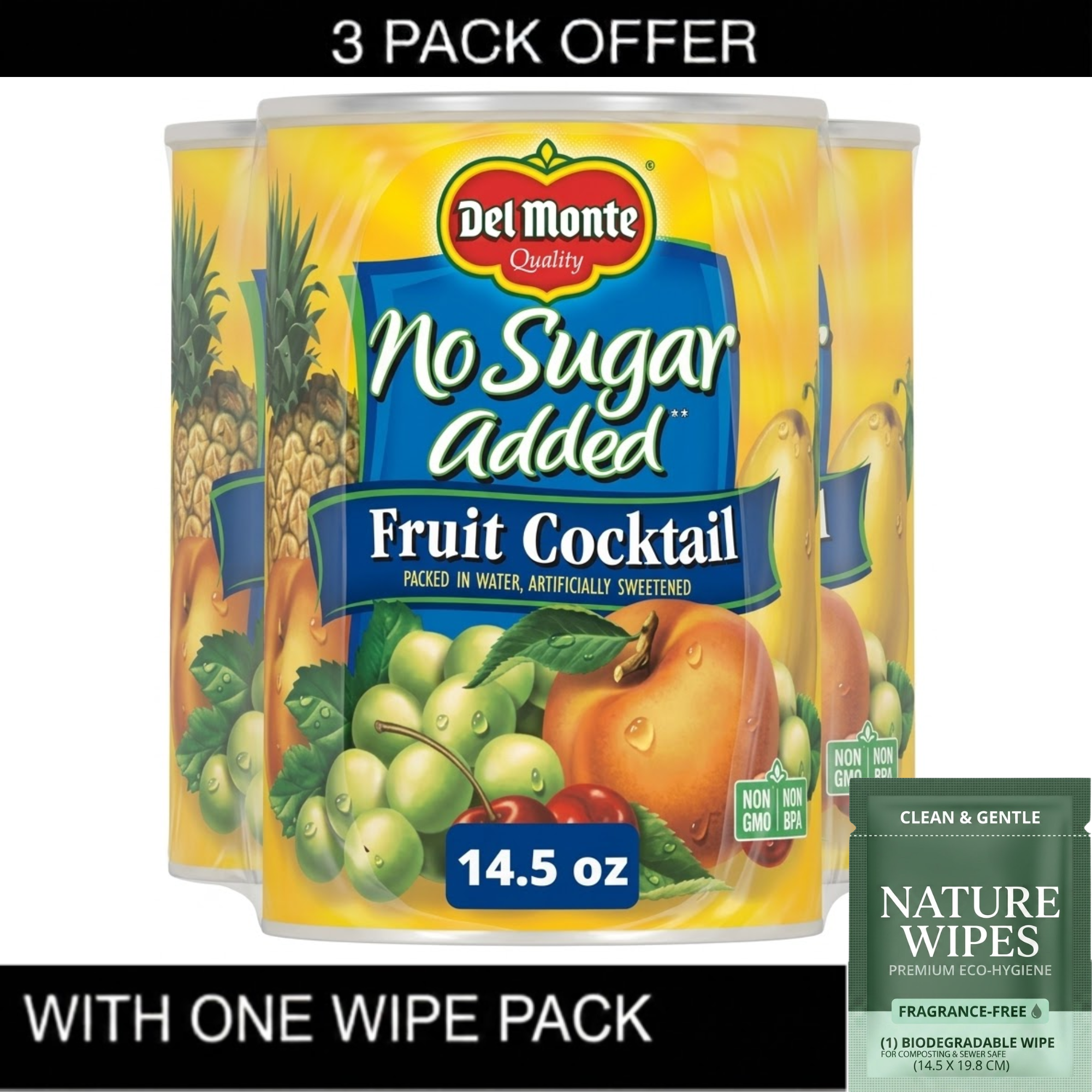 3X Del Monte No Sugar Added Mixed Fruit Cocktail, Canned Fruit, 14.5 oz Aluminum Can & Wipe Pack