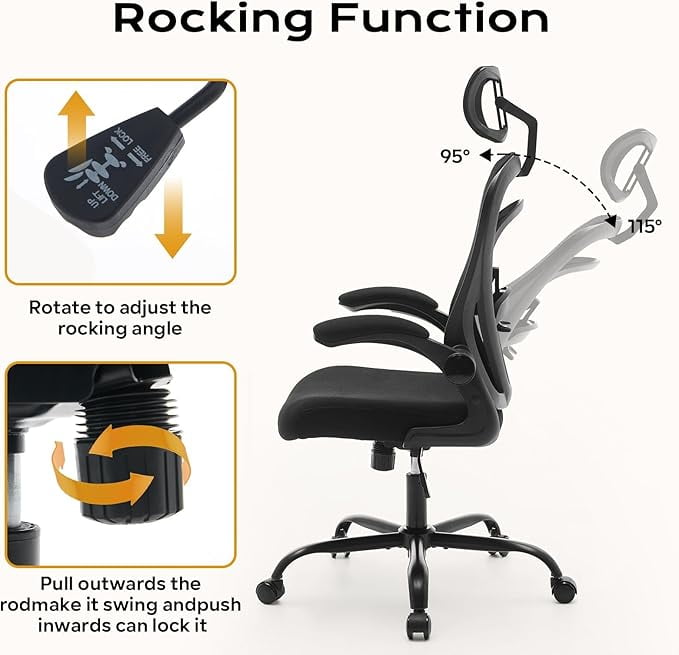 Ergonomic High-Back Mesh Office Chair – Adjustable Headrest & Flip-Up Armrests, Desk Chair with Wheels, 300 lbs Capacity for Home or Study, Black