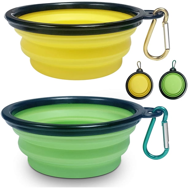 Juego de 2 cuencos portátiles de viaje, cuenco plegable para perros, botella de silicona con mosquetón, sin BPA, para perros, gatos, mascotas, senderismo, camping, comida y agua, amarillo + verde