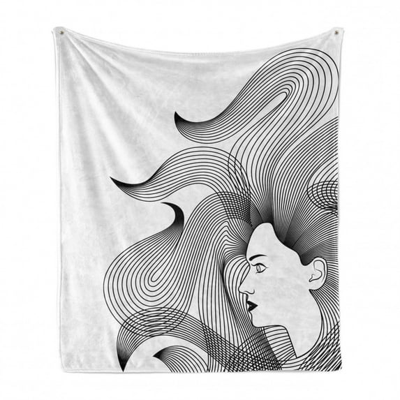Abstract Woman Soft Flannel Fleece Throw Blanket, Monochrome Interpretation of a Women with Long Digitally Striped Hair, Cozy Plush for Indoor and Outdoor Use, 50" x 60", Grey and White, by Ambesonne