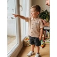 thumbnail image 4 of BemeyourBBs Toddler Baby Boy Daddy's Mini Outfit Summer Clothes Fathers Day Outfits Letter Printed Short Sleeve Button Down Shirts and Denim Shorts Set, 4 of 9