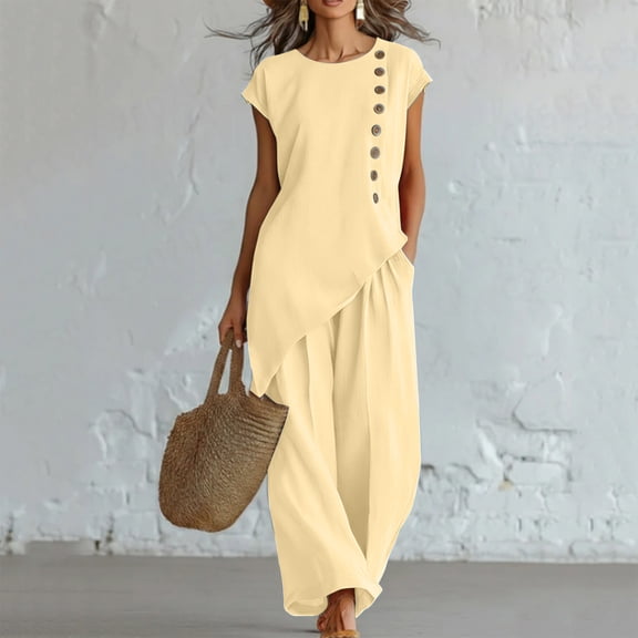 Pounoo Women's 2 Piece Outfits Round Neck Short Sleeve Sets Boho Vacation Style Lightweight Breathable Asymmetric Top And Wide Leg Pants Gift