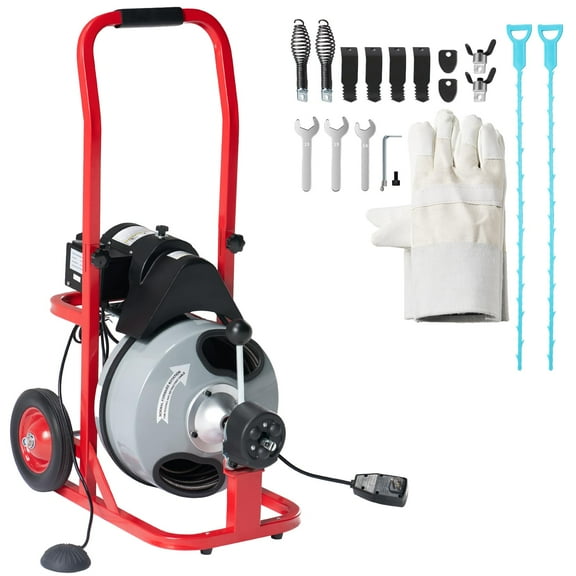 Jocisland 50 FT x 3/8 inch Electric Drain Cleaner Machine with Auto-Feed & 10 Cutters, Sewer Snake Auger for 1–4 Inch Pipes, Foot Switch & Wheels, Red