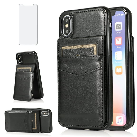 Asuwish Compatible with iPhone XR 6.1 Wallet Phone Case with Tempered Glass Screen Protector Credit Card Holder Stand Cell Cover for iPhoneXR iPhone10R i Phonex 10XR 10R RX CR iPhoneXRcases Men Black