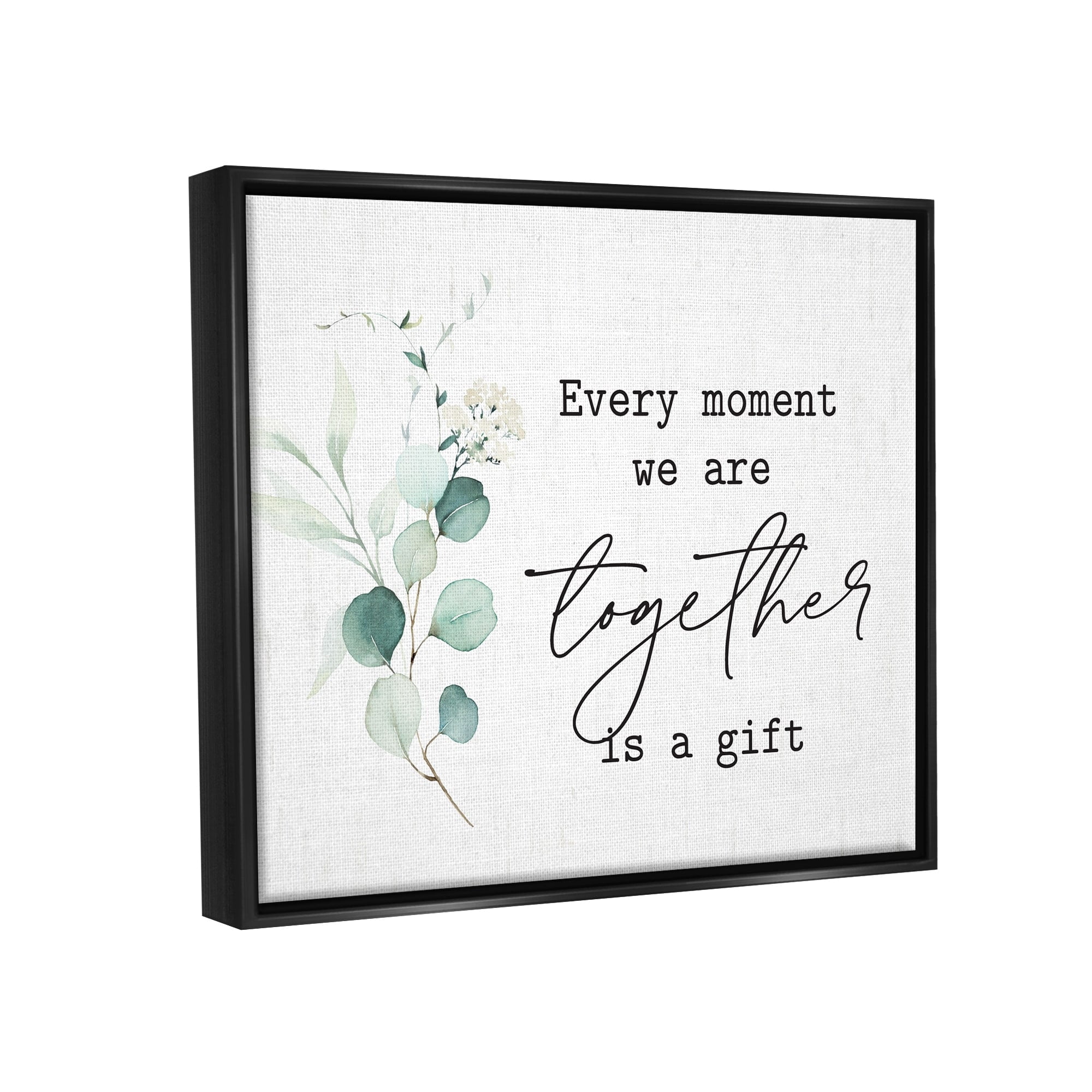 Stupell Industries Romantic Together Typography Phrase Eucalyptus Floral Blossoms Graphic Art Jet Black Floating Framed Canvas Print Wall Art, Design by Lettered and Lined