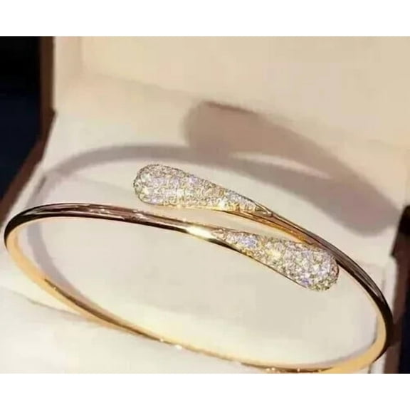 2Ct Round Cut Real Moissanite Women's Bangle Bracelet 14K Yellow Gold Plated