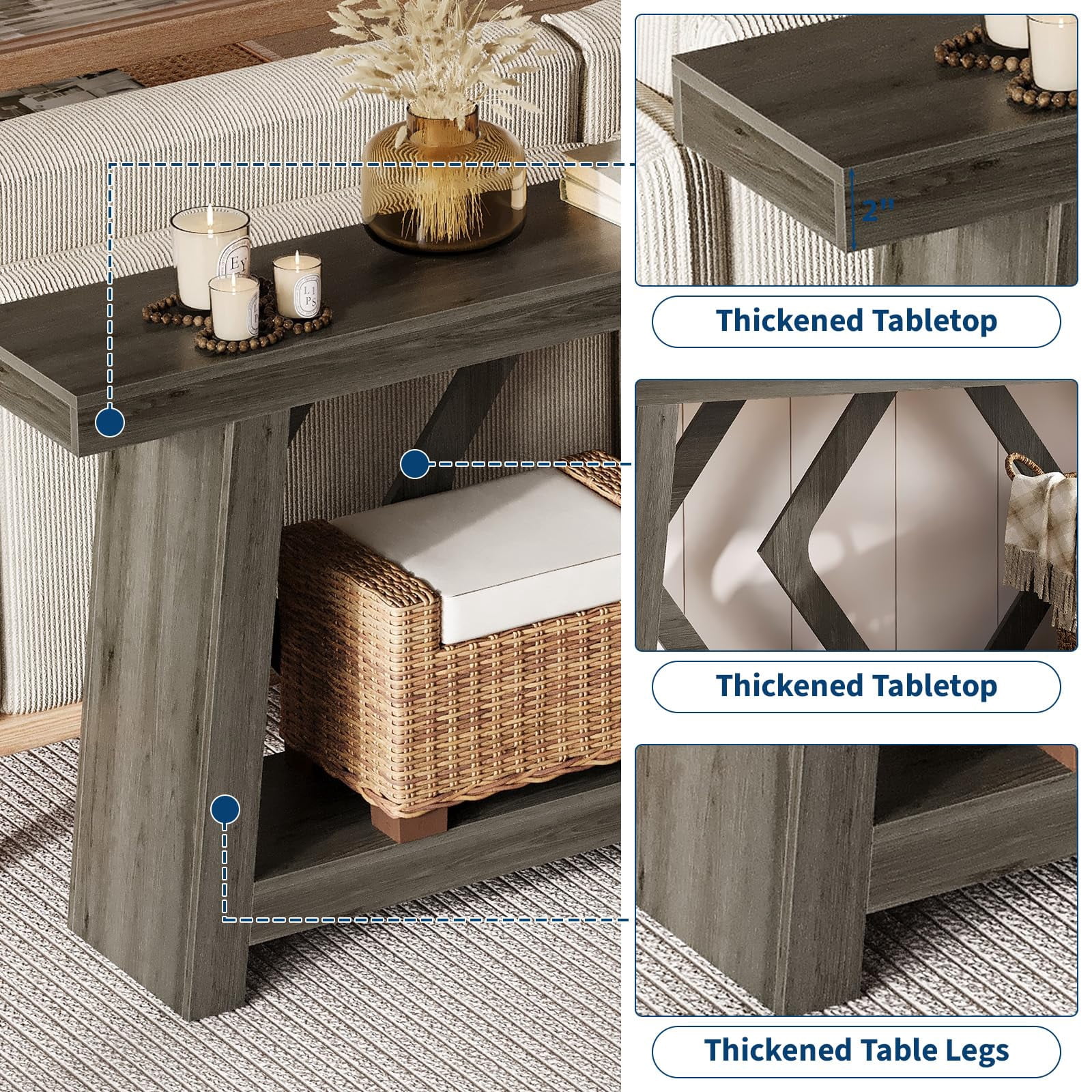 70.9 Inch Extra Long Console Table, 2-Tier All-Wood Sofa Table with Sturdy Trapezoid Legs, Entryway & Hallway Table for Living Room, Foyer
