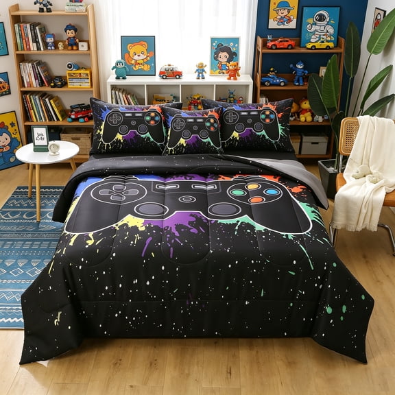 OKKEEY Boy Twin Gaming Comforter Sets, 6 Pcs Video Gamer Bed in a Bag for Kids Teens, Ps5 Xbox Bedding Set Children's Room Decor Gift, Soft Microfiber Black Graffiti Game Bed for All Season