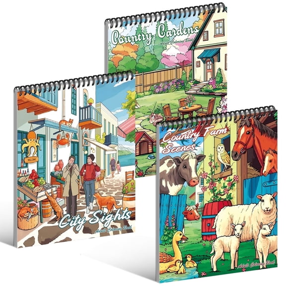 Kalysky 3 Pack Coloring Books, City and Country Scenes Coloring Book, Relaxation and Stress Relief