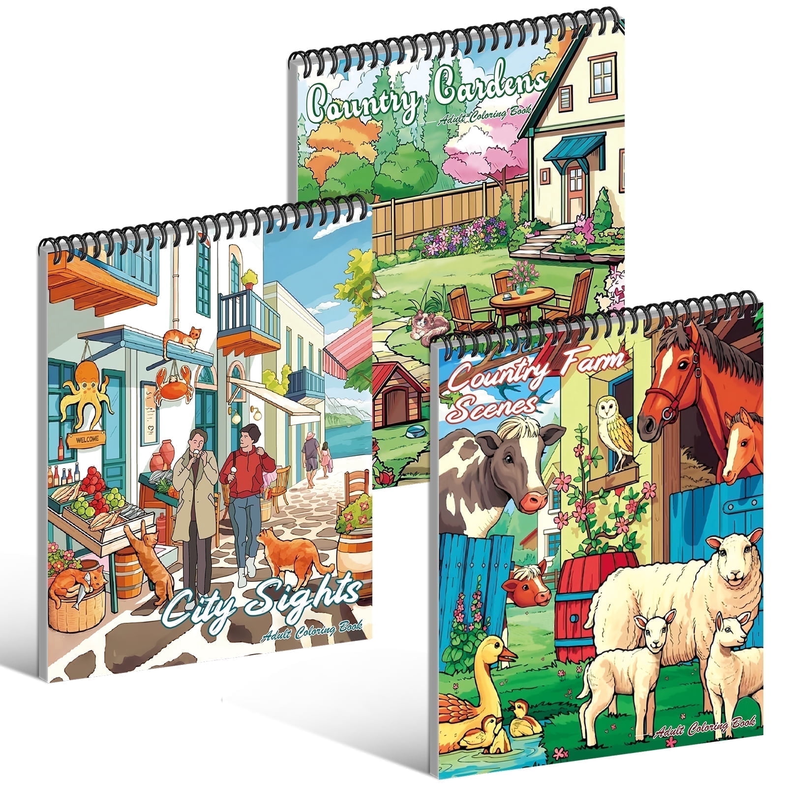 Kalysky 3 Pack Adult Coloring Books Set, City and Country Landscape Scenes, Stress Relieving Coloring Pages for Adults Relaxation & Stress Relief