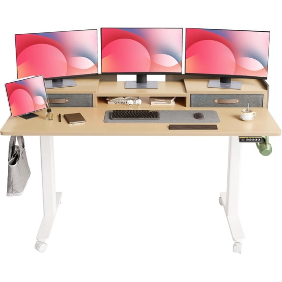YDN Standing Desk with Drawers, 59 Inch Standing Desk Adjustable Height, Adjustable Electric Stand Up with Storage and Shelf, Natural