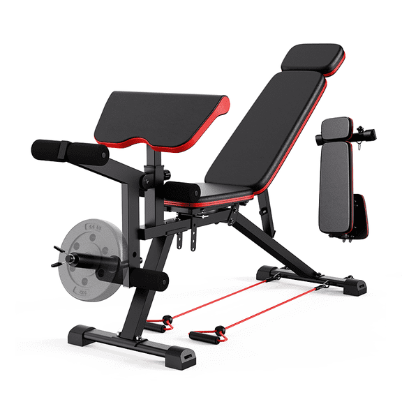 CRYSTAL FIT Adjustable Weight Bench, Strength Training Benches with Resistance Bands Sit up Bench, Incline Decline Bench, Flat Bench Full Body Workout