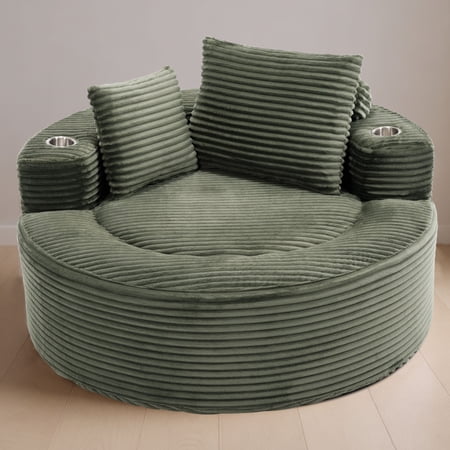 Harmie Round Sofa Bed, Compressed Cloud Couch Sleeper Sofa with Cup Holders, Corduroy Sofa for Living Room Apartment, Green, 55.5 x 55.5 x 24.0 in
