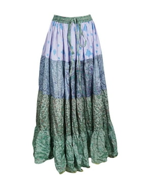 Mogul Women Blue Green Full Flared Maxi Skirt PRINTED Recycled Sari Boho Beach Long Skirts M/L