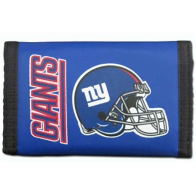 New York Giants Wallet Nylon Trifold featuring a durable nylon construction with vibrant team colors and logos. The wallet displays the New York Giants logo and helmet design on a blue background. It includes a compartment for money, three sewn-in pockets, and a plastic photo/credit card holder. The Fabric Hook and Eye closure ensures secure storage. Measures approximately as per SKU: CASY11933.