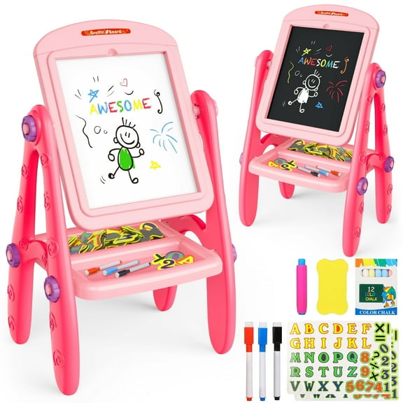 Hot Bee Art Easel for Kids Toddlers Girls Ages 3 4 5 6 Years, Rotatable Drawing Board Standing, Double Sides with Whiteboard & Chalkboard, Birthday Christmas Gifts(Pink).