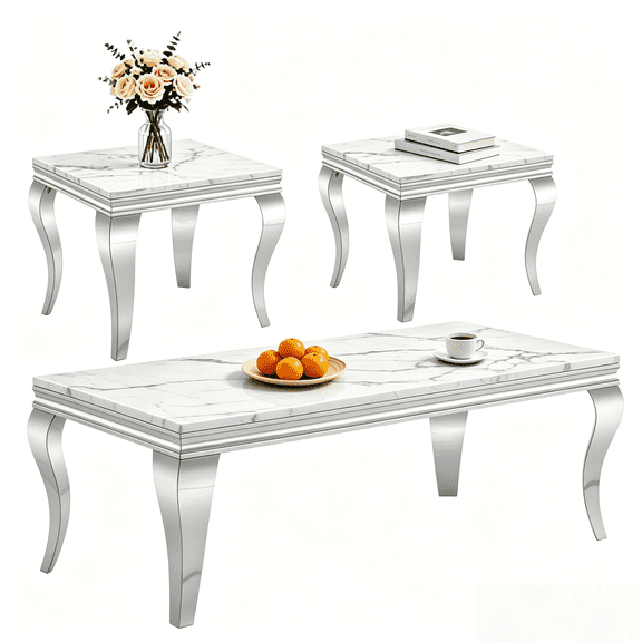 3-Piece Faux Marble Coffee and End Table Set, Modern Faux Marble Top with Silver Stainless Steel S-Shaped Legs, for Living Room, Hallway, Bedroom