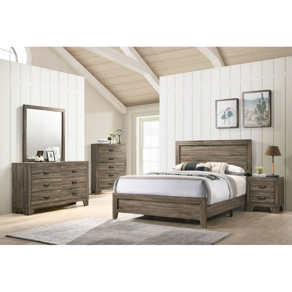 Traditional Grey Color Panel Bed Dresser Mirror Nightstand Set 4Pc Queen Size Bedroom Walmart