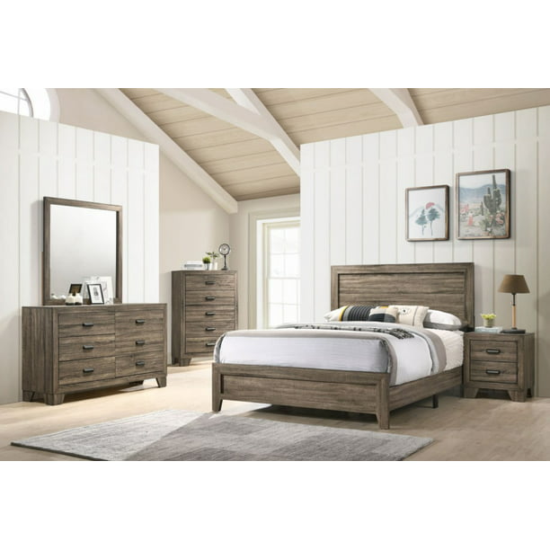 Traditional Grey Color Panel Bed, 4 Piece Dresser Set With Mirror