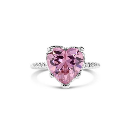 Rhodium Plated Pink Crystal Solitaire Heart Ring Baby Girls Kids