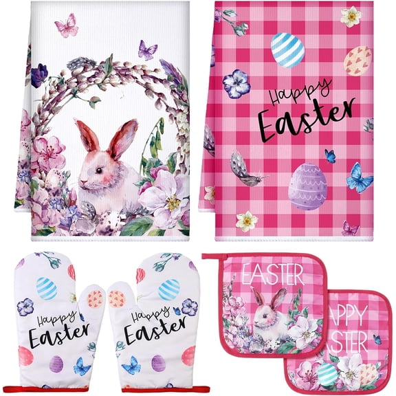 6 Count Easter Bunny Eggs Flowers Kitchen Towel Pot Holder Oven Mitt Set 2 Floral Dish Towel 2 Heat Resistant Cooking Glove 2 Pan Plate Bowl Pads for Spring Holiday (Pink,Buffalo Plaid)